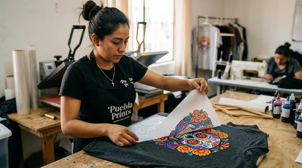 Impresora DTF produciendo transferencias de película a color para camisetas personalizadas