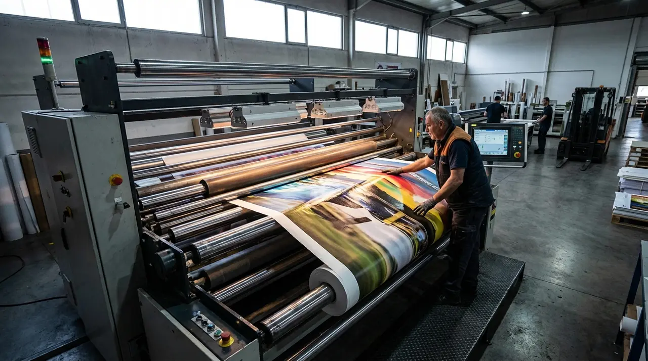 Impresora produciendo material de gran formato